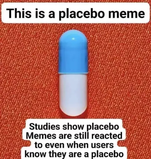 A blue-and-white capsule pill sits centered on a textured orange-red background. Overlaid text at the top reads 'This is a…