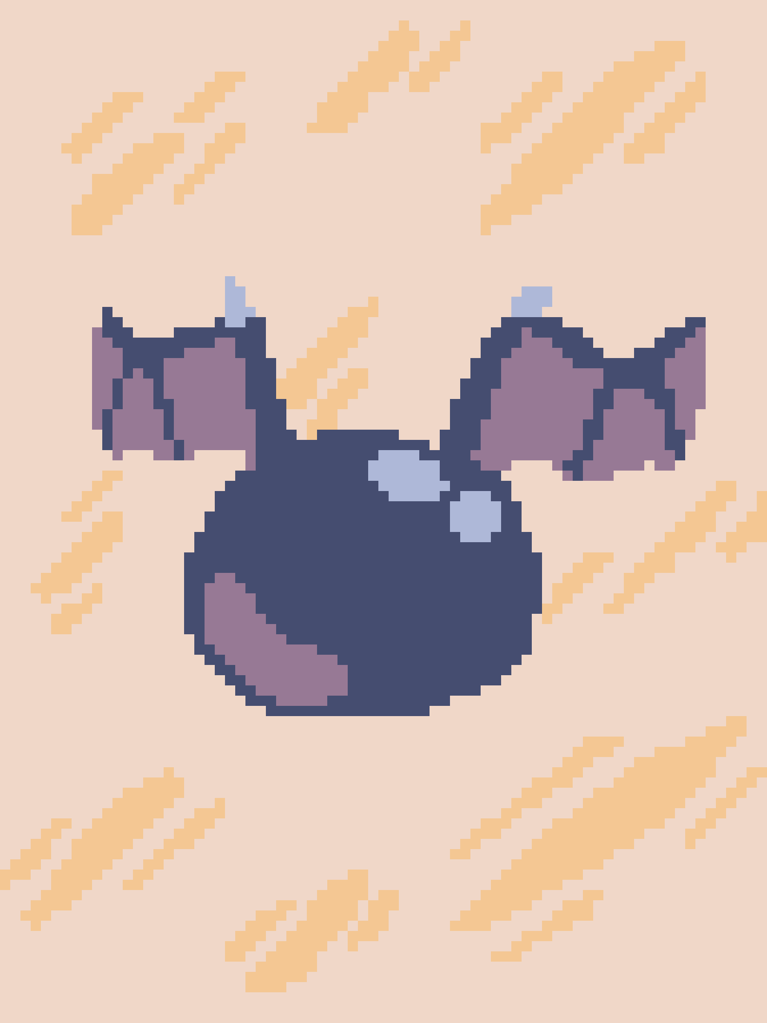 A pixelated, low-resolution image shows a dark blue, round creature with purple limbs and light blue horns, surrounded by…