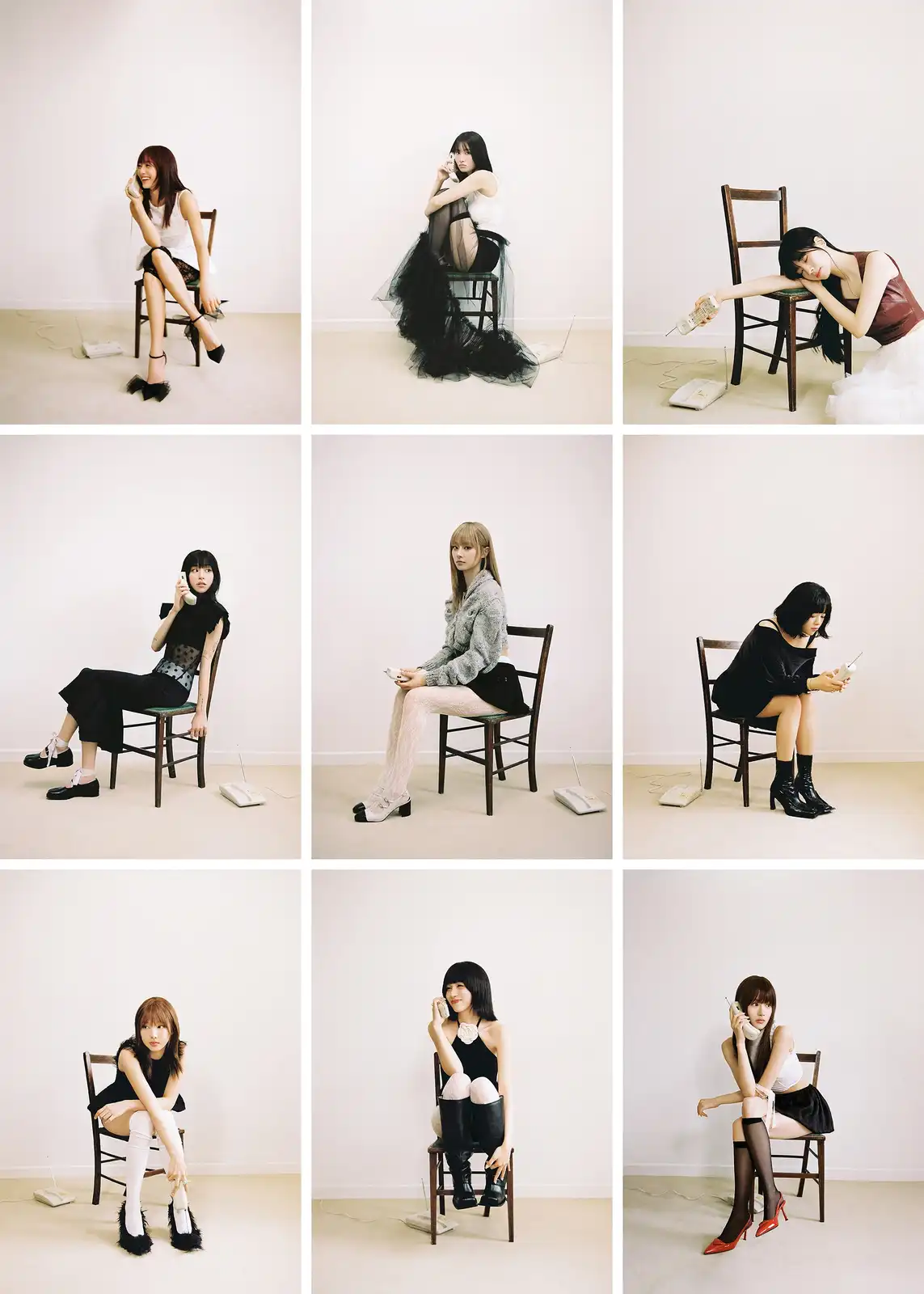 A nine-panel grid shows a different woman in each panel, all sitting on a wooden chair against a plain white wall. Each…