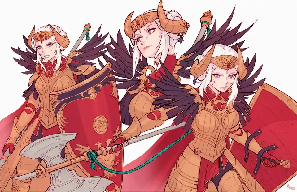 Three identical-looking anime-style female warriors with white hair, brown horned helmets, and dark feathered wings stand in…