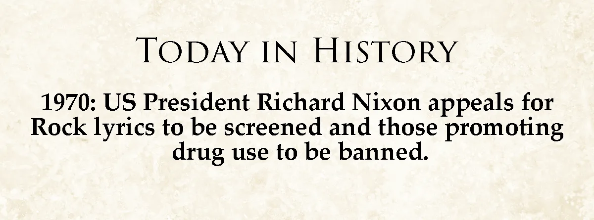 The image displays a beige, textured background with black serif text. The top line reads 'TODAY IN HISTORY'. Below it, the…