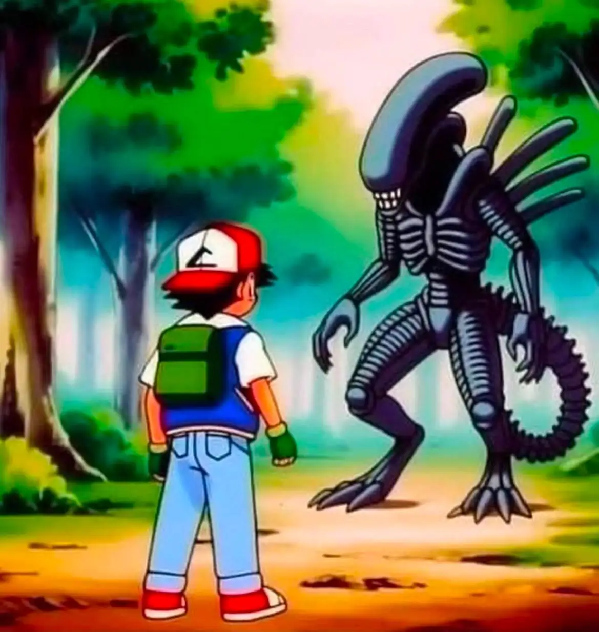 A cartoon boy in a red and white cap, green backpack, and blue vest stands facing a giant, menacing alien from the movie…