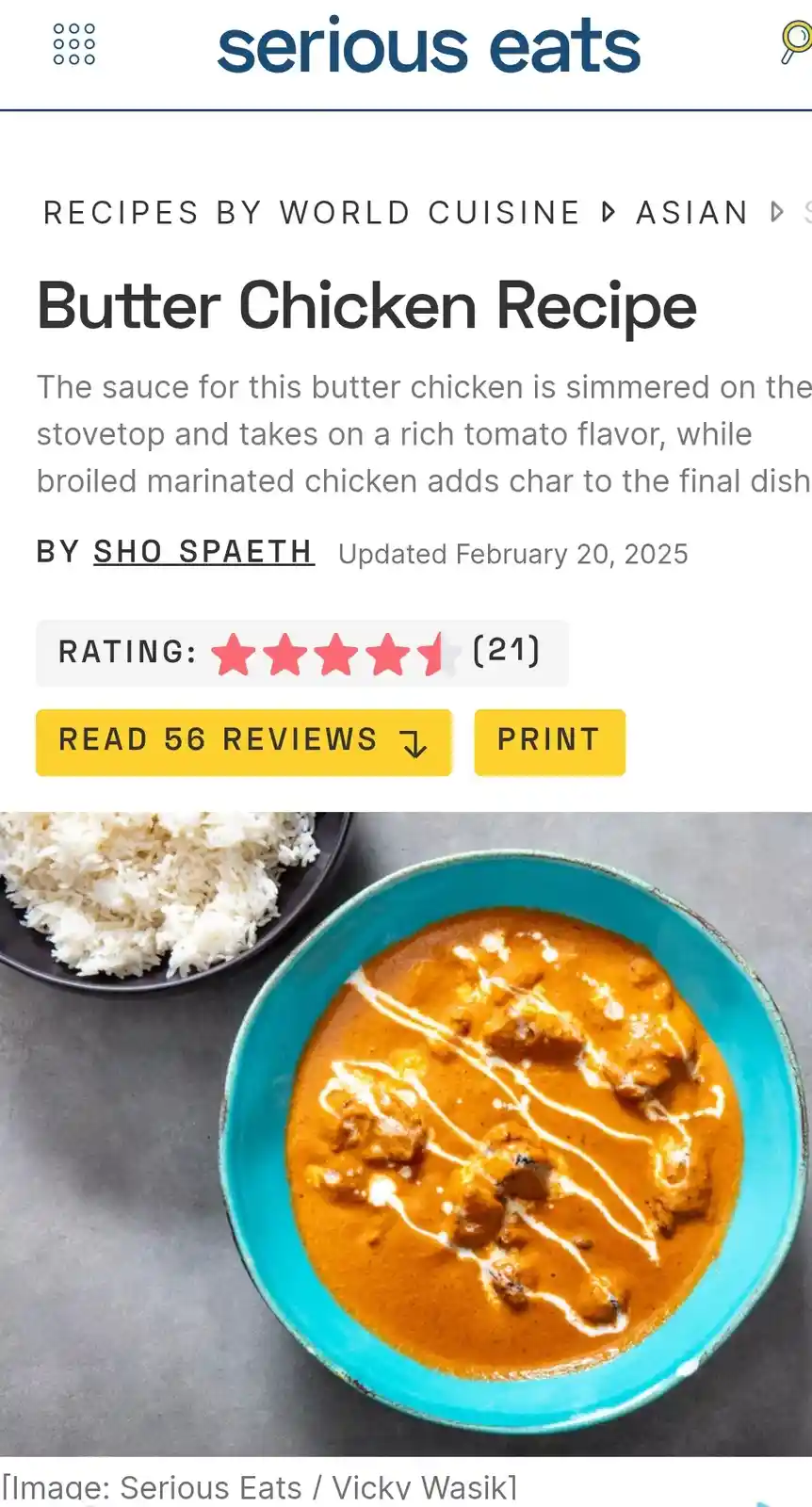 A screenshot of a Serious Eats recipe page for Butter Chicken, showing a bowl of orange curry with chicken and a side of…