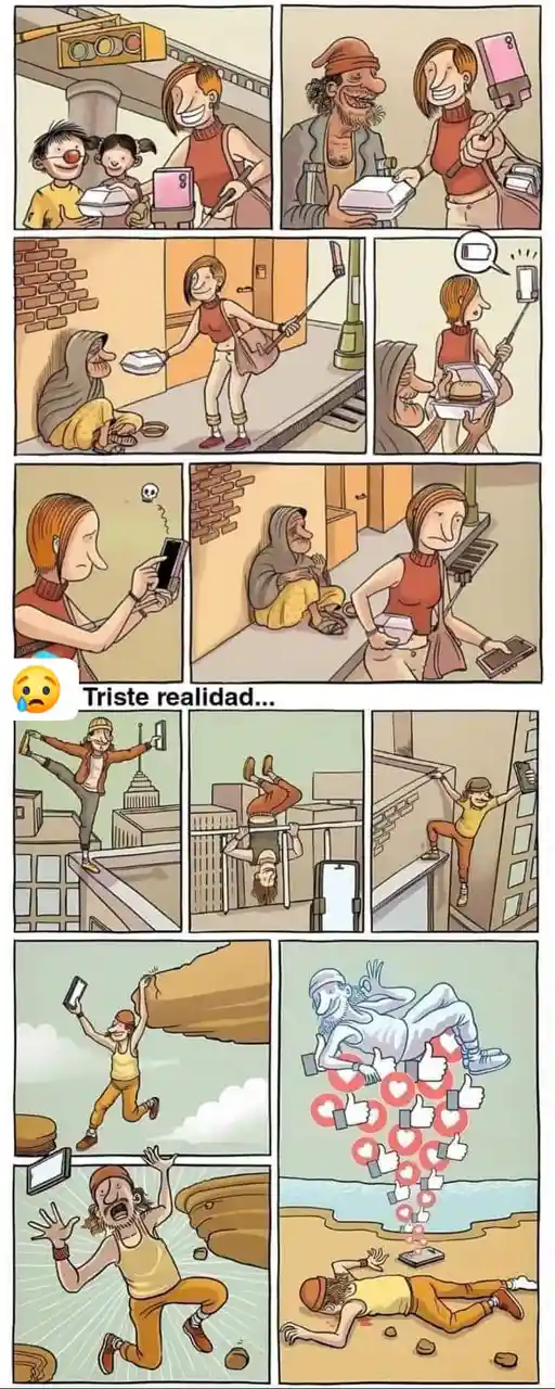 A comic strip shows a woman taking selfies with homeless people while ignoring their plight, then later taking extreme…