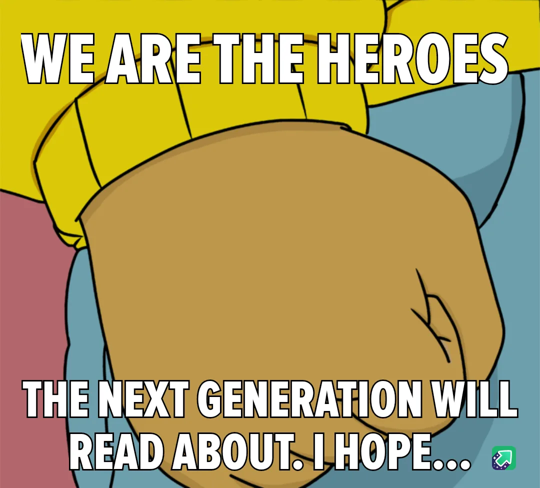 A close-up cartoon image shows a character's clenched fist, wearing a yellow shirt and blue pants, with the text 'WE ARE THE…