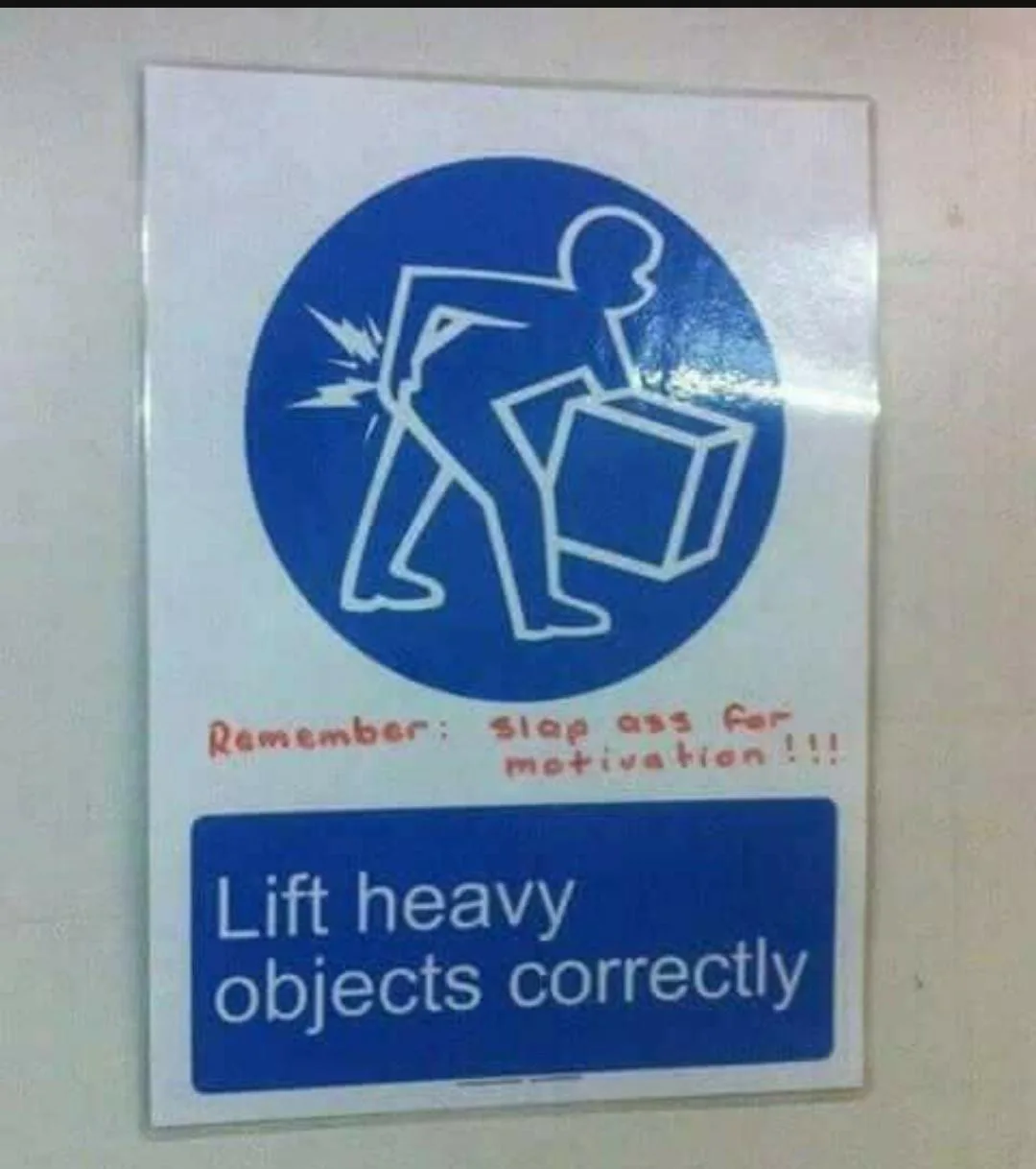 A safety poster with a blue circle showing a stick figure lifting a box incorrectly, with a lightning bolt indicating…
