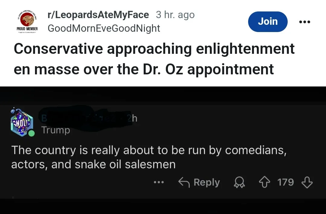 A screenshot of a Reddit post from r/LeopardsAteMyFace shows a comment by user 'BillyTheFridge2' that reads 'The country is…