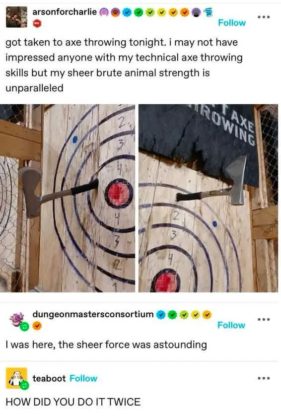 Two side-by-side photos show an axe embedded in a wooden target board, with the axe head lodged in the center red bullseye…