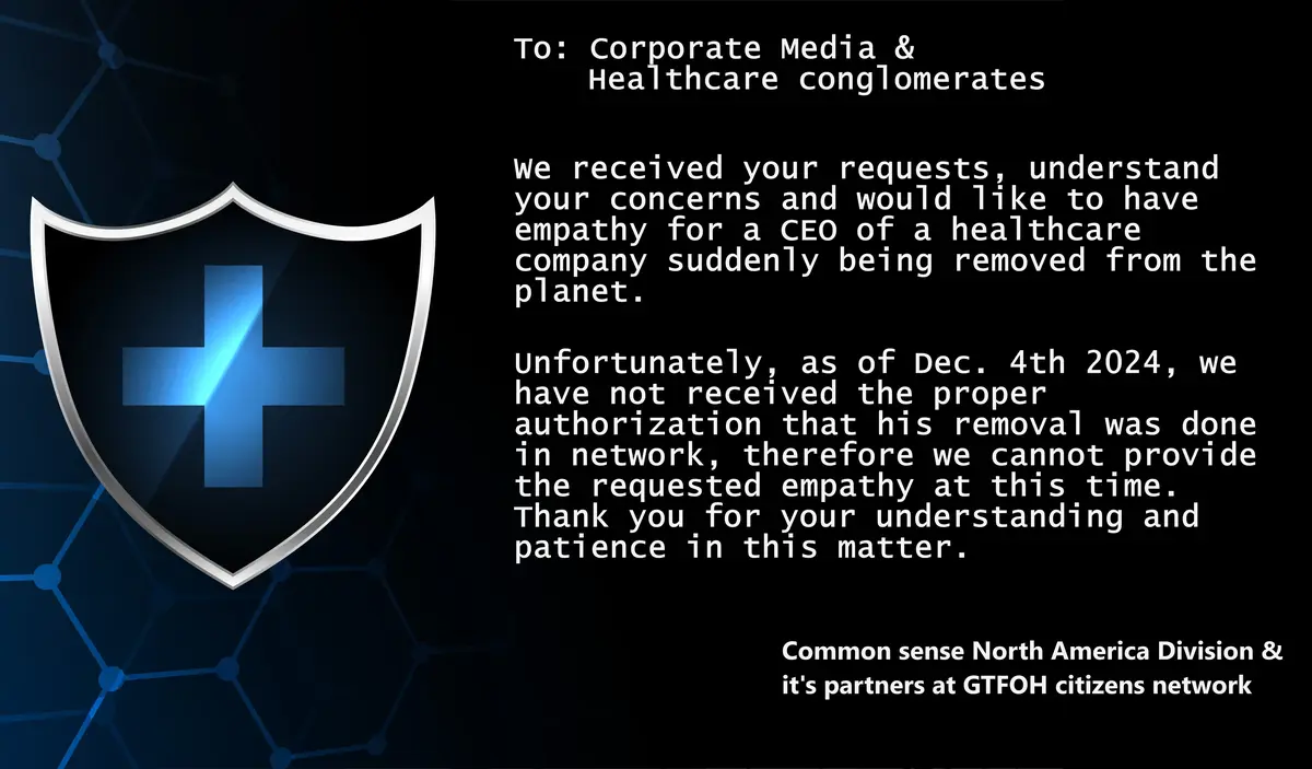 A dark blue background with a shield icon containing a glowing blue cross. White text mimics a formal corporate email…