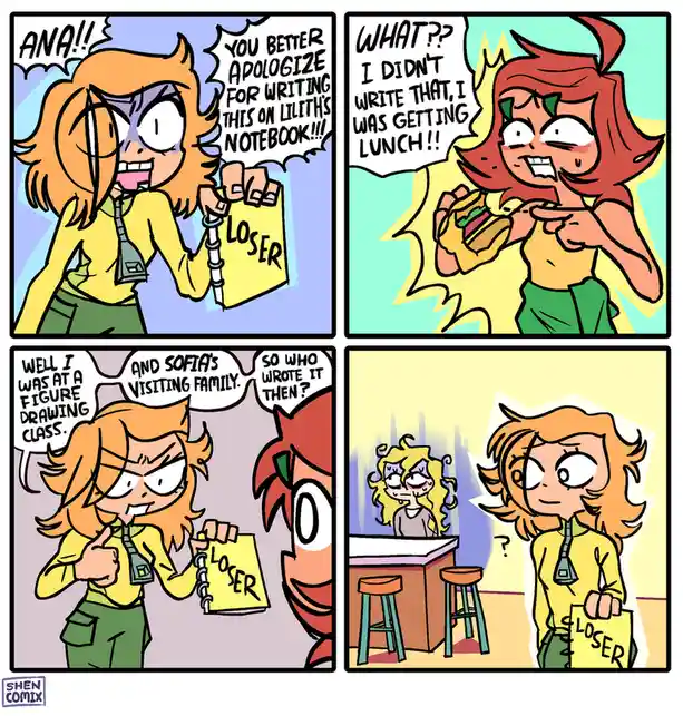 A four-panel comic shows a girl angrily confronting another over a 'LOSER' note on a notebook. The accused claims she was…