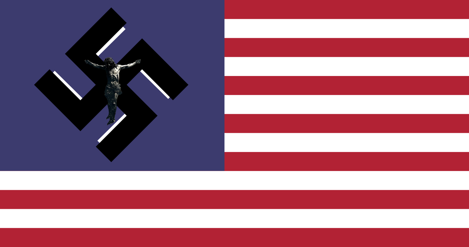 The image shows a modified American flag where the blue canton contains a black swastika with a statue of Jesus Christ…