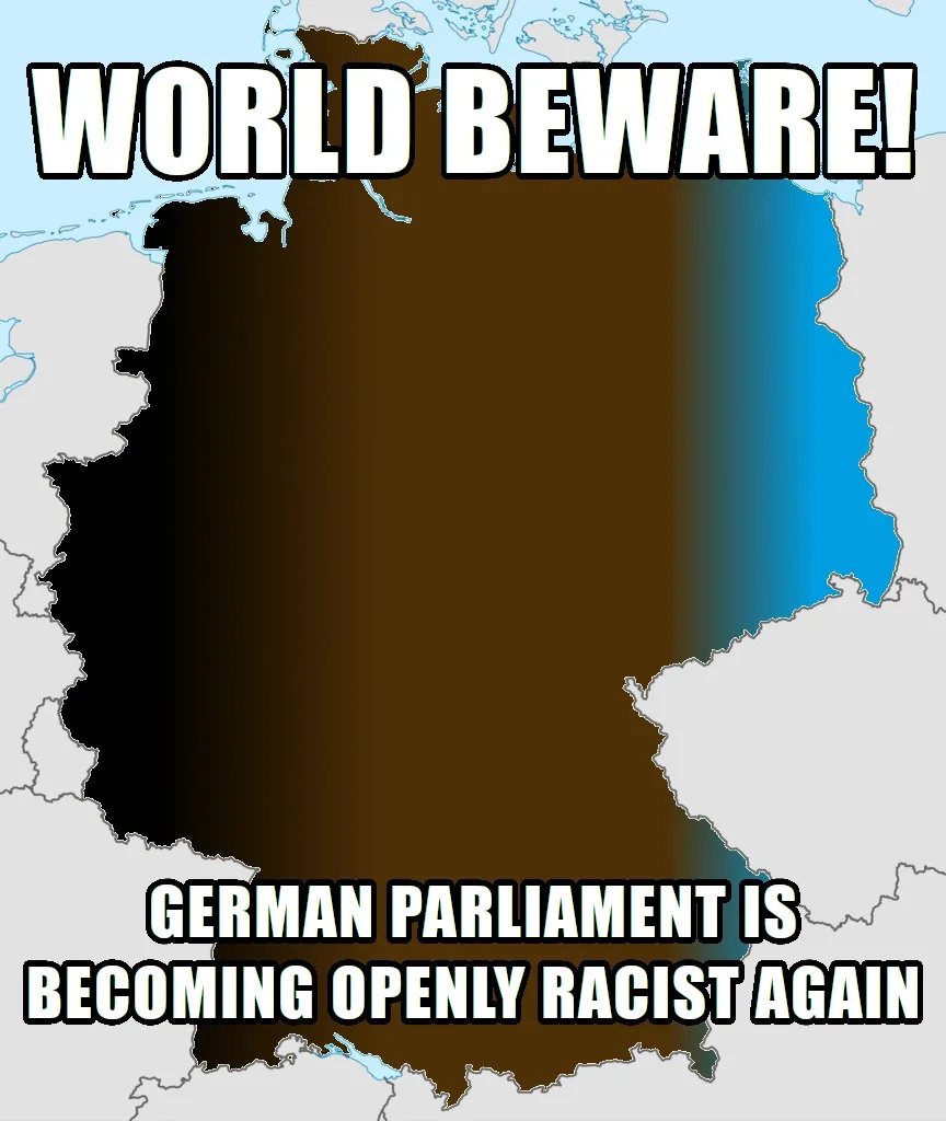 A map of Germany is shown with a gradient color transition from black on the left to blue on the right, overlaid with bold…