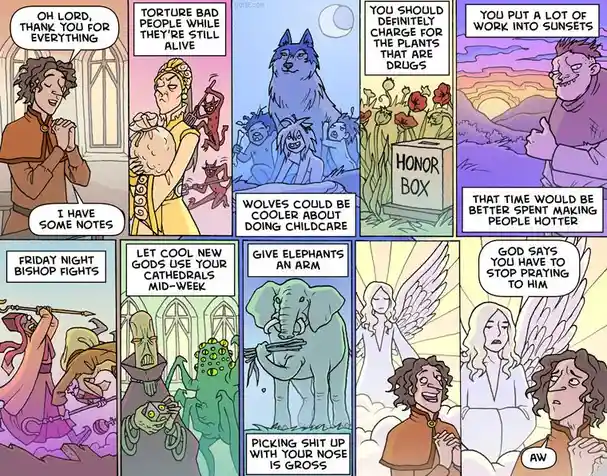 A comic strip with eight panels showing a character praying to a deity, who responds with increasingly absurd and sarcastic…