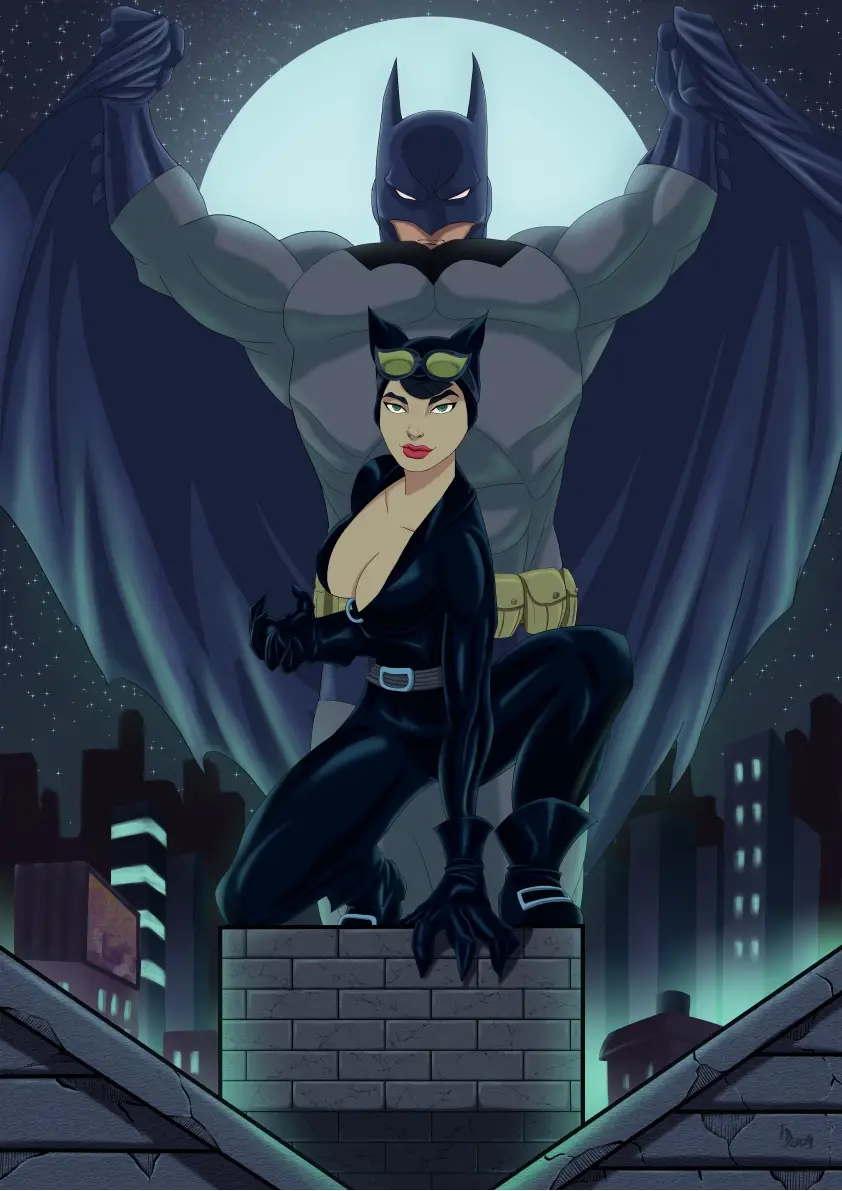 A stylized illustration shows Catwoman in a black catsuit and goggles, crouching on a rooftop with a city skyline at night…
