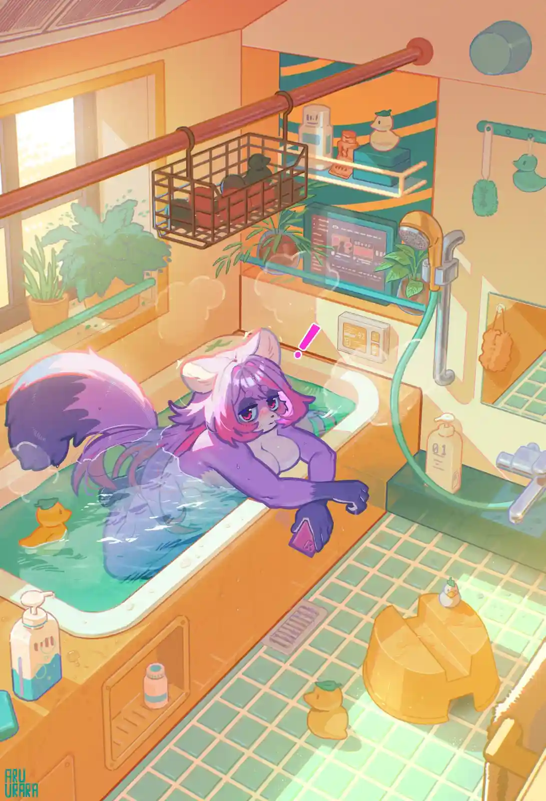 A purple-furred anthropomorphic fox with pink hair is relaxing in a bathtub filled with water, holding a phone. The bathroom…