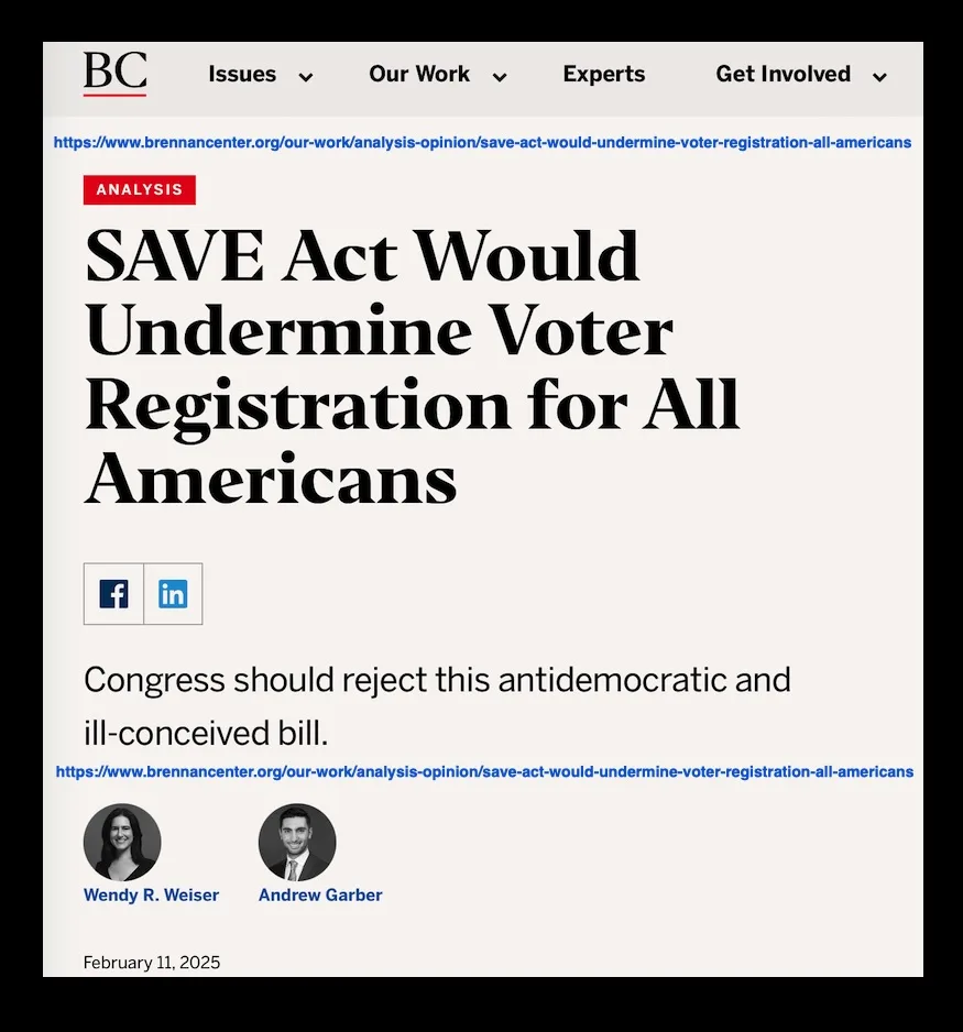 A screenshot of a Brennan Center for Justice article titled 'SAVE Act Would Undermine Voter Registration for All Americans,'…
