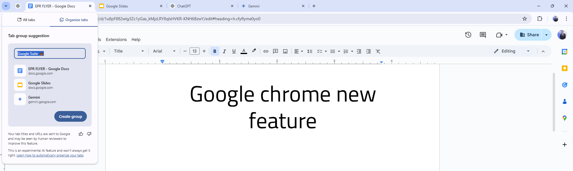 A screenshot of a Google Chrome browser window showing the 'Organize tabs' feature with a 'Google Suite' tab group…