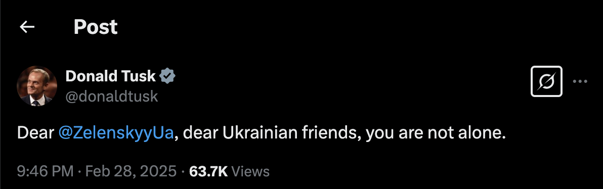 A screenshot of a tweet from Donald Tusk's verified account, showing his profile picture and the text 'Dear @ZelenskyyUa…