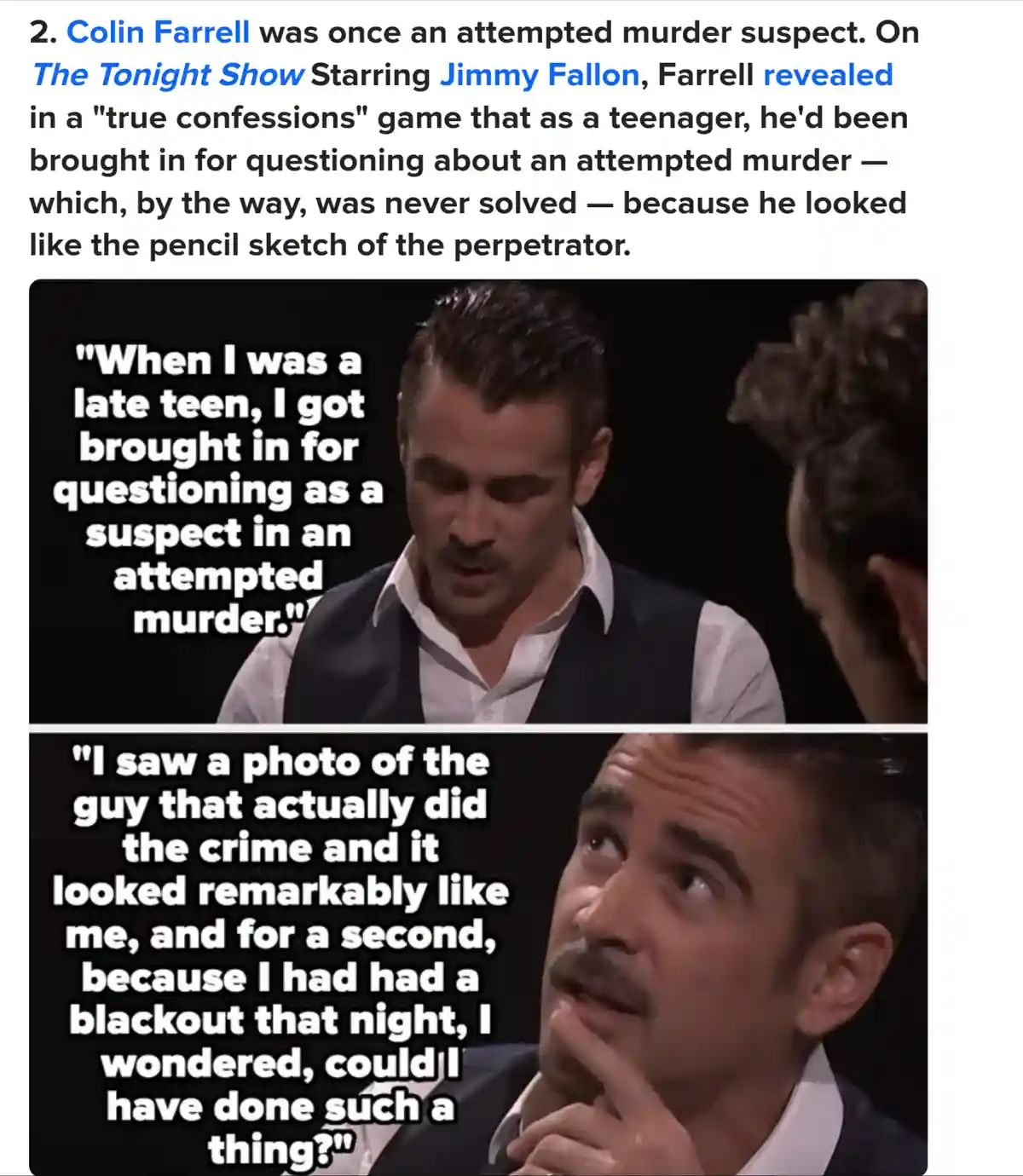 The image shows actor Colin Farrell in two panels from a talk show interview. In the top panel, he looks down while…
