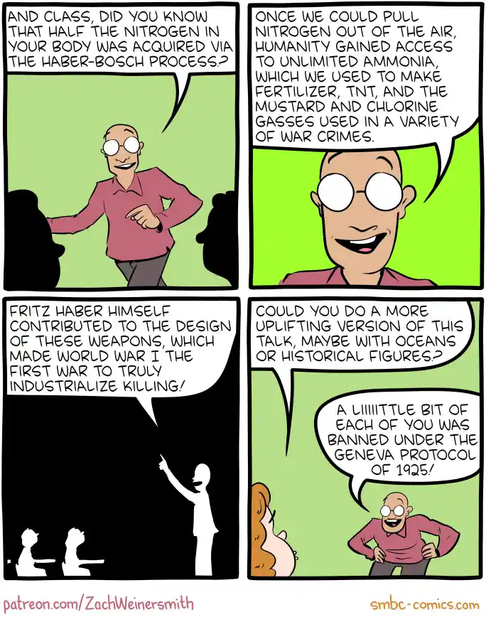 A four-panel comic strip shows a teacher explaining how the Haber-Bosch process enabled the production of deadly weapons…