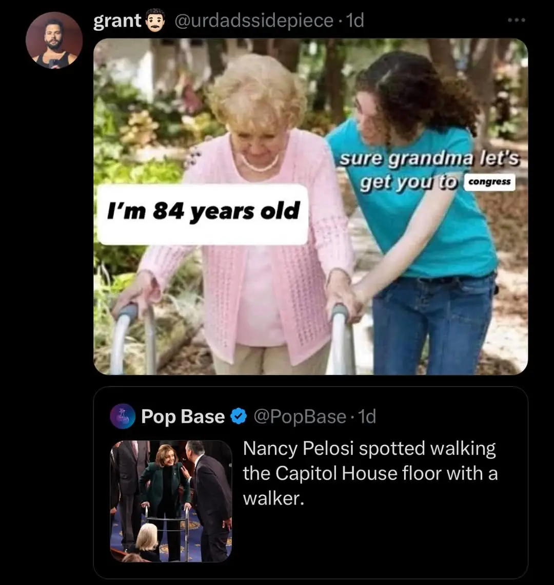 An older woman in a pink cardigan using a walker says 'I'm 84 years old' while a younger woman in a blue shirt helps her…