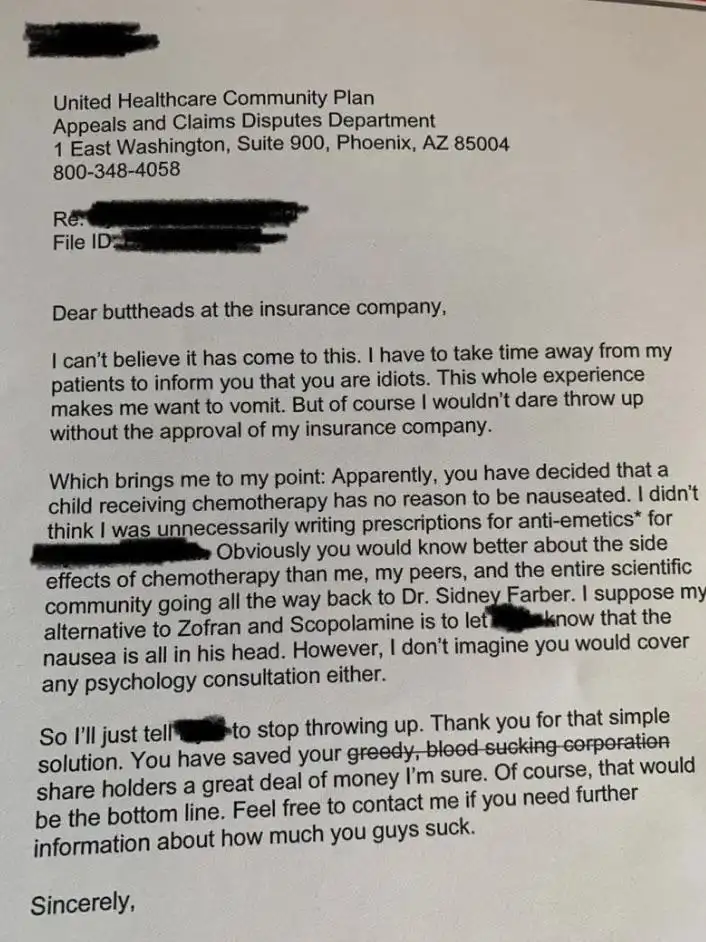 A letter from a doctor to United Healthcare's Appeals and Claims Disputes Department, sarcastically complaining about…