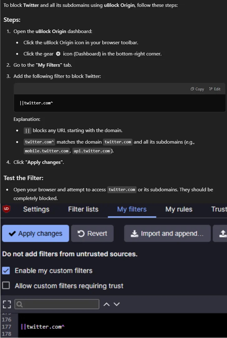 A screenshot of the uBlock Origin browser extension's 'My Filters' tab showing step-by-step instructions to block Twitter by…