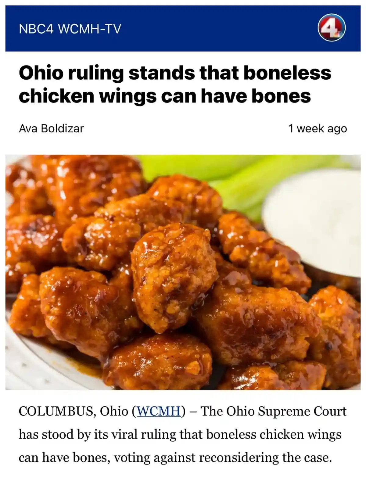 The image displays a news article from NBC4 WCMH-TV with the headline 'Ohio ruling stands that boneless chicken wings can…