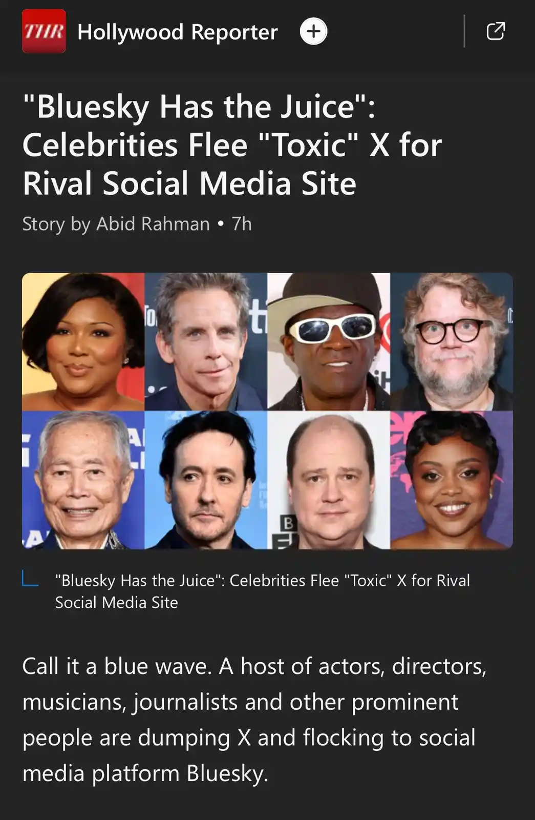 A screenshot of a Hollywood Reporter article titled "Bluesky Has the Juice": Celebrities Flee "Toxic" X for Rival Social…