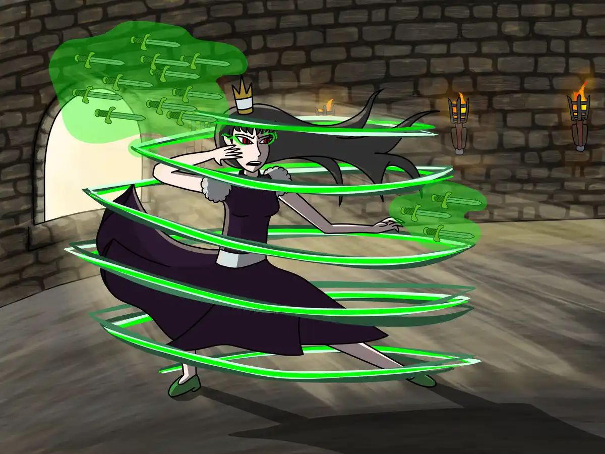 An anime-style woman with black hair, red eyes, and a small crown is surrounded by swirling green energy blades in a…