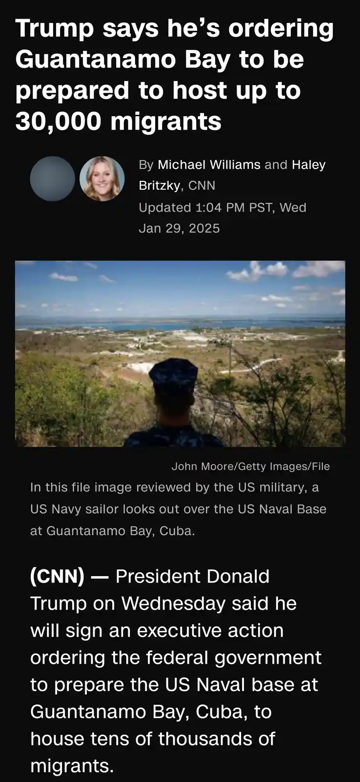 The image is a screenshot of a CNN news article with a headline stating 'Trump says he's ordering Guantanamo Bay to be…