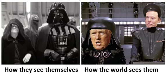 The image is split into two panels. Left: Darth Vader and other Sith Lords in black robes, looking powerful and confident…