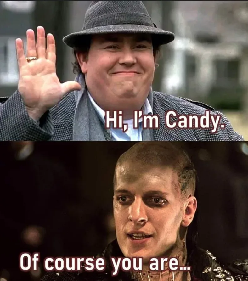 The top panel shows a smiling man in a grey fedora and coat waving, with text reading 'Hi, I'm Candy.' The bottom panel…