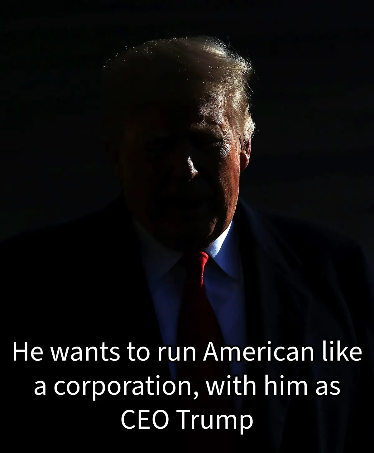 A dimly lit, dramatic portrait of Donald Trump, his face partially obscured in shadow, wearing a dark suit and red tie…