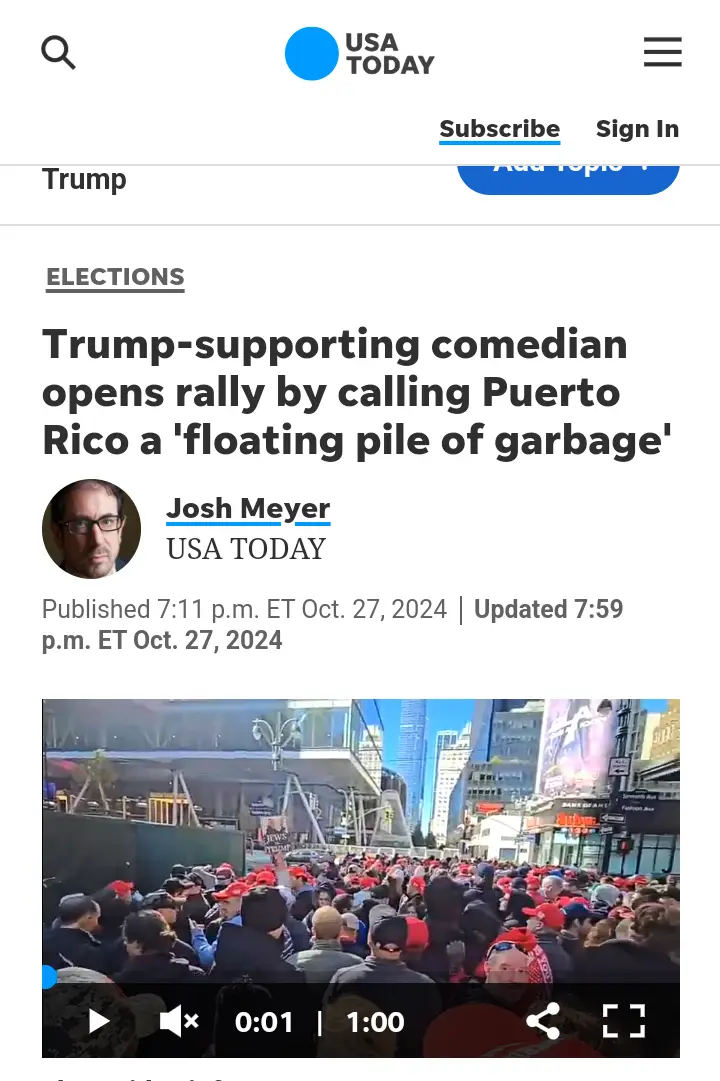 A screenshot of a USA TODAY news article about comedian Josh Meyer calling Puerto Rico a 'floating pile of garbage' at a…