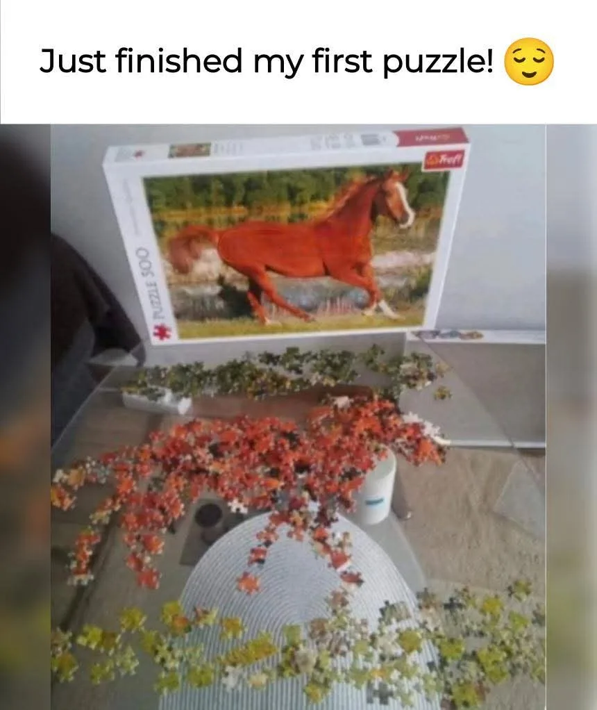 A completed 500-piece puzzle box showing a red horse is propped up behind a table covered in scattered puzzle pieces. The…