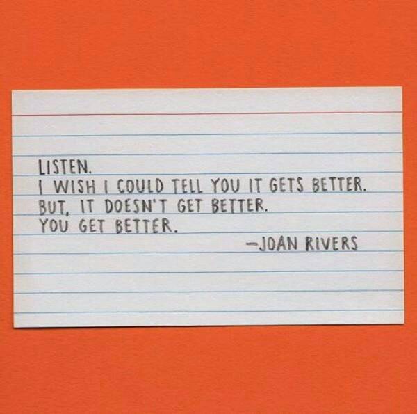 A handwritten note on lined paper against an orange background reads a quote attributed to Joan Rivers: 'LISTEN. I WISH I…
