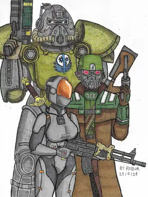 A hand-drawn illustration shows three heavily armored, weapon-wielding characters standing together. The largest figure…