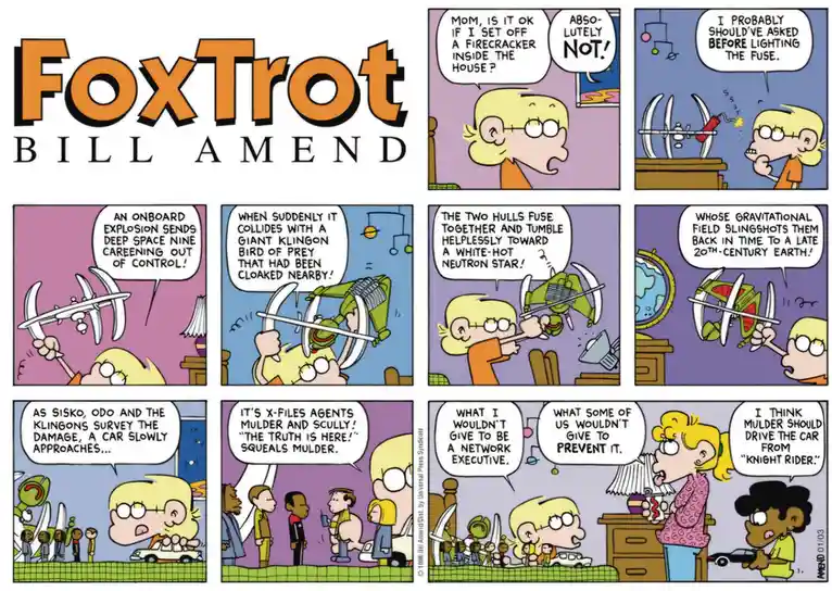 A FoxTrot comic strip by Bill Amend shows a child lighting a firecracker, which triggers a surreal, escalating sequence…