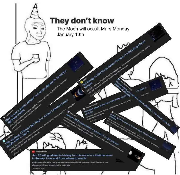 A black-and-white cartoon depicts a person in a party hat holding a drink, with the text 'They don't know The Moon will…