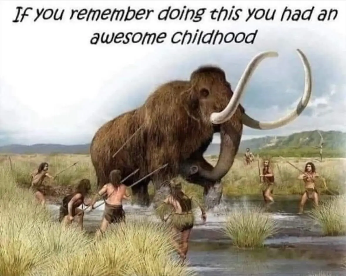 A prehistoric illustration shows several cavemen in a shallow river, surrounding and spearing a large woolly mammoth with…