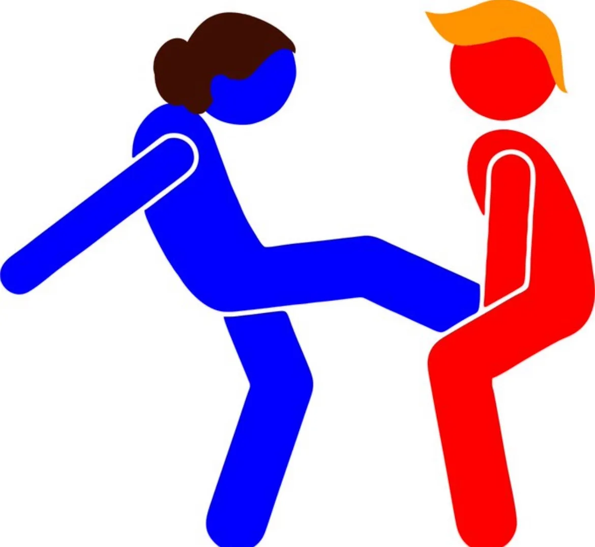 A blue stick figure with brown hair is kicking a red stick figure with orange hair in the groin. The red figure is seated…