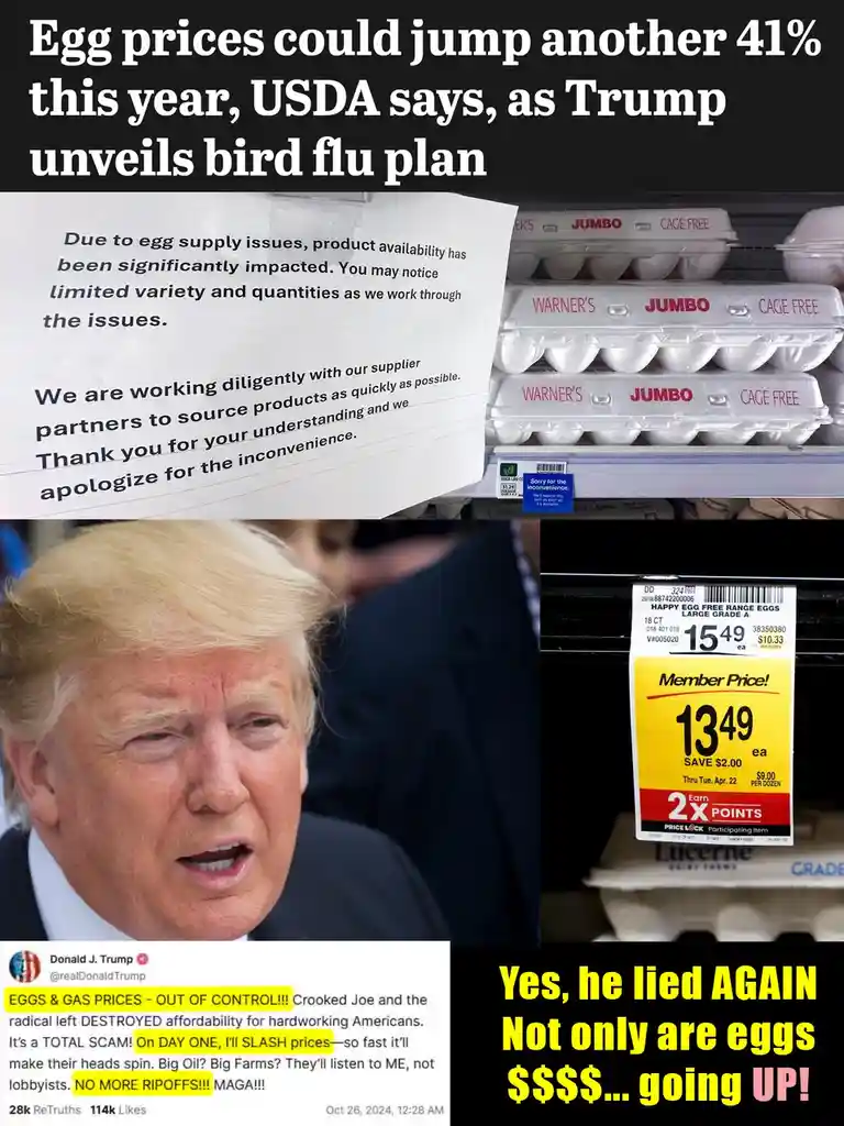 The image is a collage showing a store shelf with egg cartons and a sign about limited availability due to supply issues, a…