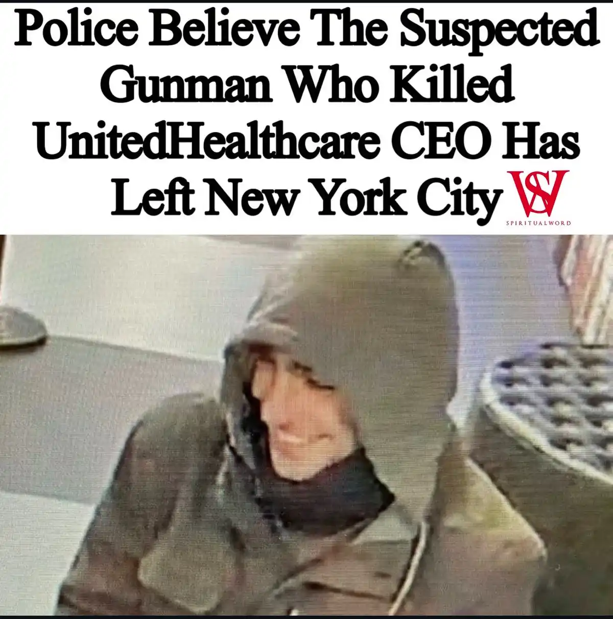 A low-resolution security camera image shows a person wearing a dark hooded jacket and a dark scarf, smiling slightly while…
