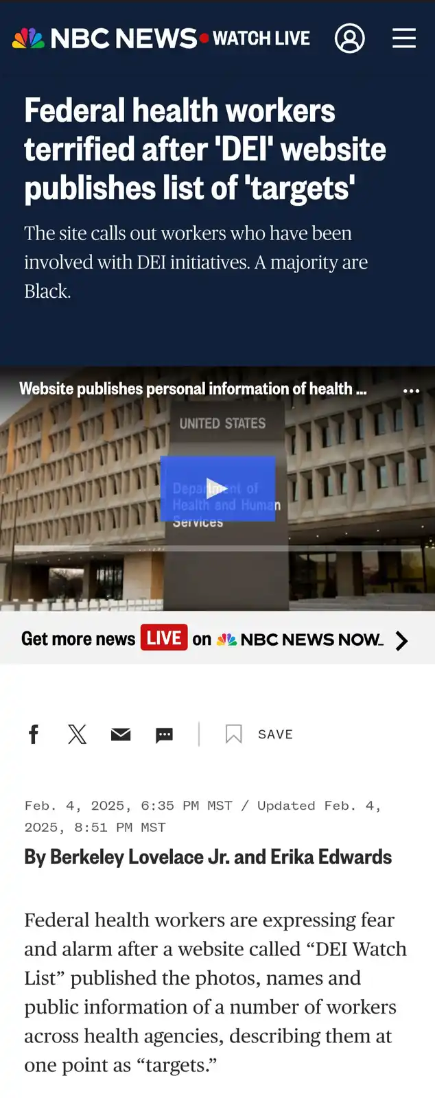 A screenshot of an NBC News article headline about federal health workers being terrified after a website called 'DEI Watch…
