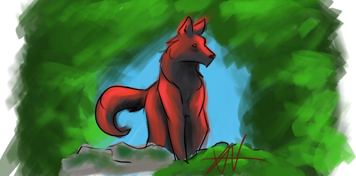 A digital painting shows a red fox sitting on a rock, framed by green foliage with a blue sky behind it. The fox is looking…