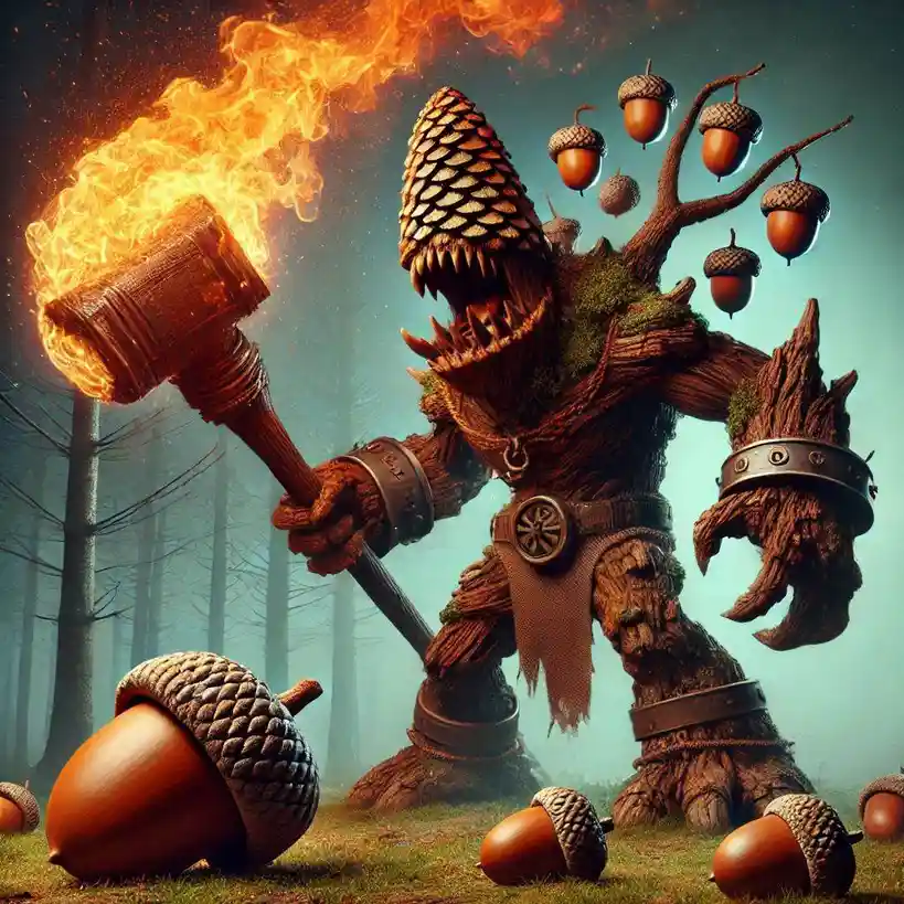 A fantasy illustration of a giant, menacing tree-like creature with a pinecone head, sharp teeth, and acorn decorations on…