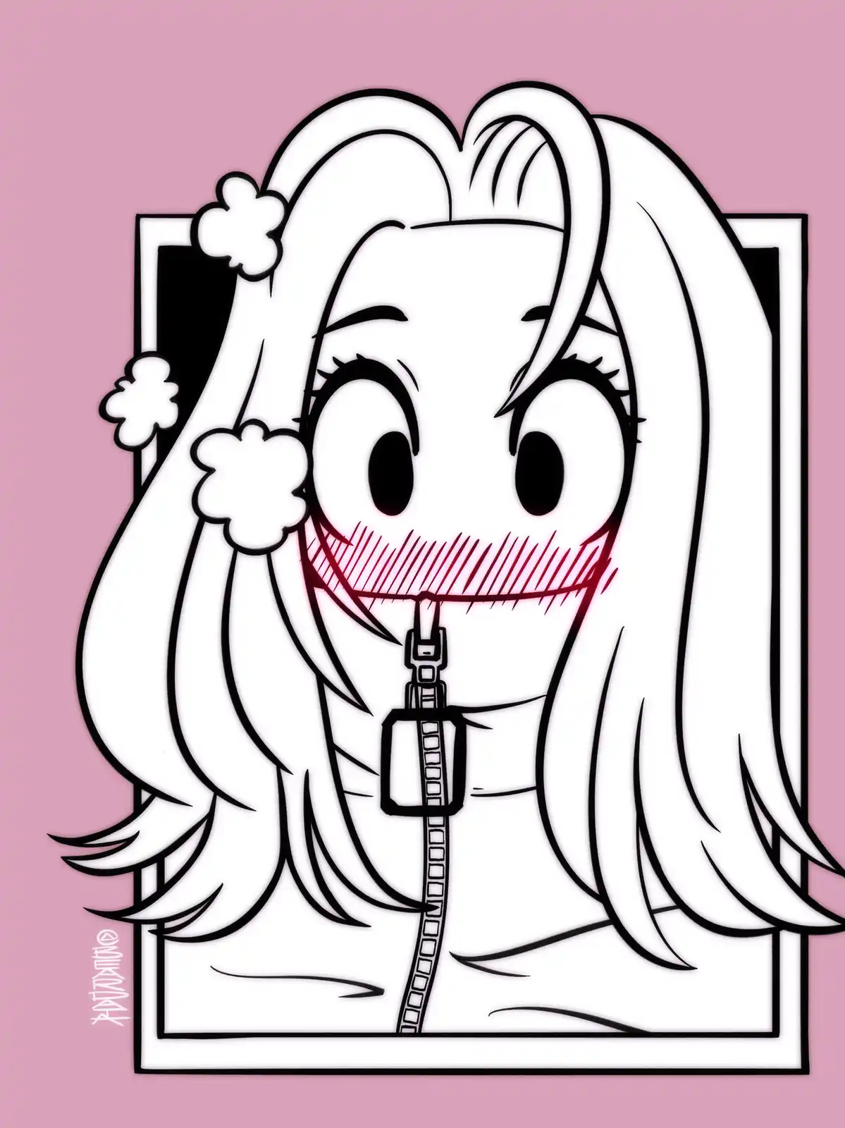A black-and-white anime-style illustration of a girl with long white hair and a wide, toothy grin, framed within a white…