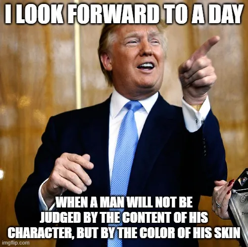 A photo of Donald Trump smiling and pointing forward, overlaid with bold white text that reads: 'I LOOK FORWARD TO A DAY…