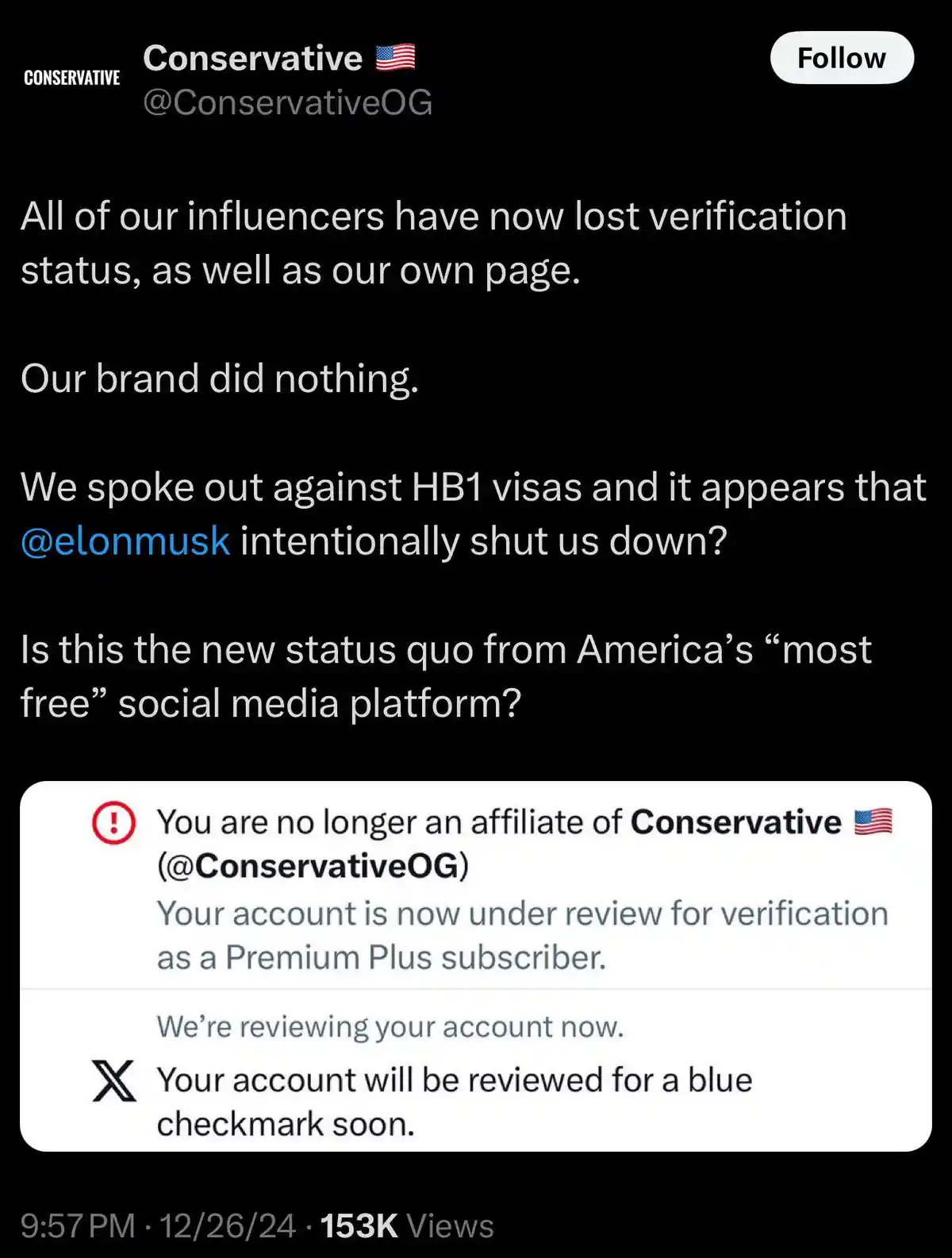 A screenshot of a tweet from the account 'Conservative' (@ConservativeOG) lamenting the loss of verification status for its…